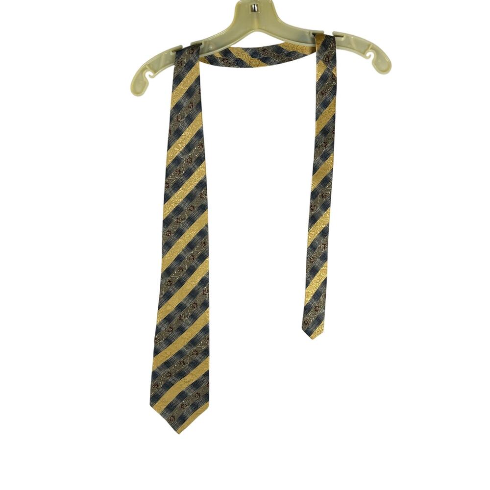 New Claiborne Silk Tie Gold Navy Floral Stripe Holiday 1996 USA NWT - Picture 3 of 6